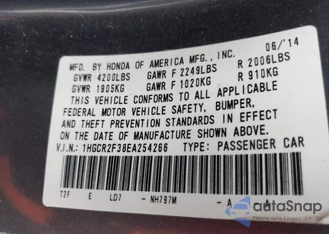 2014 Honda Accord Lx z USA, uszkodzony, nr VIN 1HGCR2F38EA254266